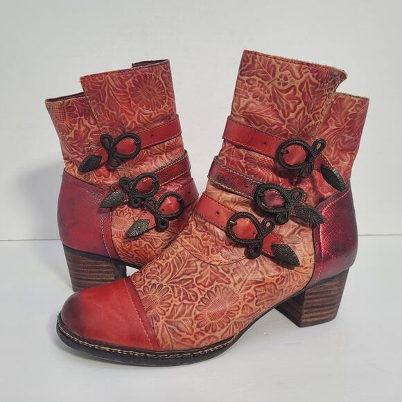 L'artiste Spring Step Elsie Red Leather Boots Boho Chunky Heel Womens 39 / 8.5US - Picture 5 of 11